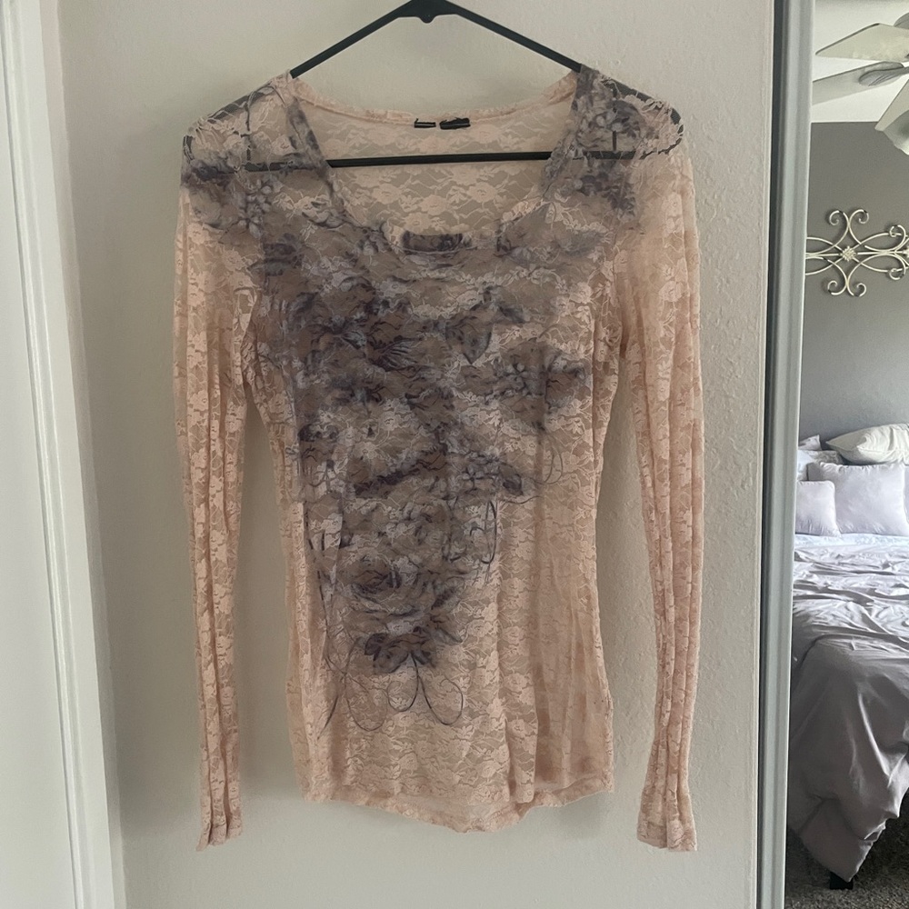 Sheer pink lace long sleeve dress top - no tags, fits like S